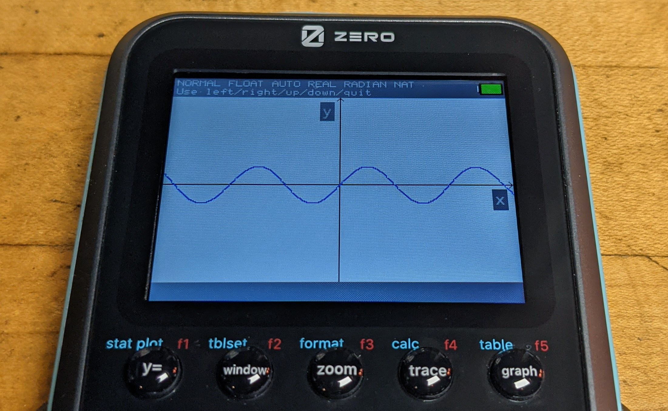 A close-up photograph of Y=sin(2X) graphed on the LCD of a Zero Calculators ZCG3 prototype